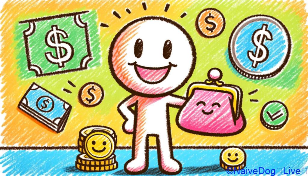 笑顔の棒人間のキャラクターががま口のお財布を持っているクレヨン調のイラスト。キャラクターは広く笑っており、コスト効率の良いサービスに満足している様子を表している。お財布は伝統的な「がま口」スタイルで、予算に優しいアイデアを強調している。キャラクターの周りには、貯金を象徴するコインや笑顔のついた値札などのシンボルがあり、お財布に優しいサービスのコンセプトを伝えている。背景は明るくカラフルで、手頃で価値のあるサービスを見つけることの肯定的な影響を反映している。