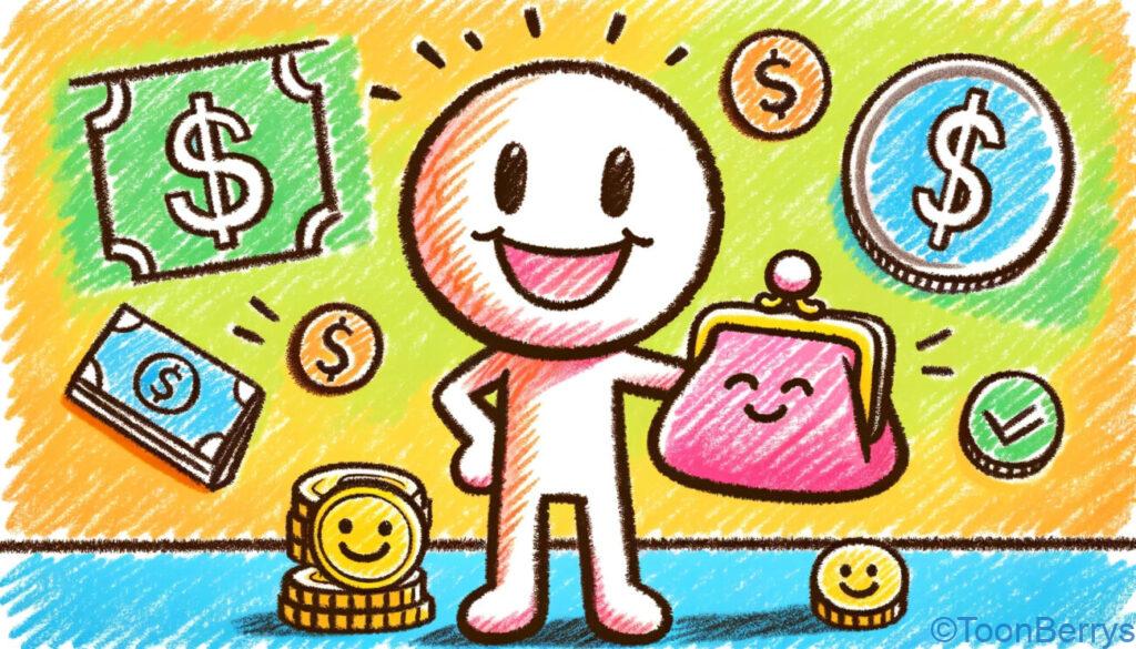 高速&安全!初期費用無料の独自SSL対応レンタルサーバーでワードプレス「ロリポップ」を楽しもう 22 笑顔の棒人間のキャラクターががま口のお財布を持っているクレヨン調のイラスト。キャラクターは広く笑っており、コスト効率の良いサービスに満足している様子を表している。お財布は伝統的な「がま口」スタイルで、予算に優しいアイデアを強調している。キャラクターの周りには、貯金を象徴するコインや笑顔のついた値札などのシンボルがあり、お財布に優しいサービスのコンセプトを伝えている。背景は明るくカラフルで、手頃で価値のあるサービスを見つけることの肯定的な影響を反映している。