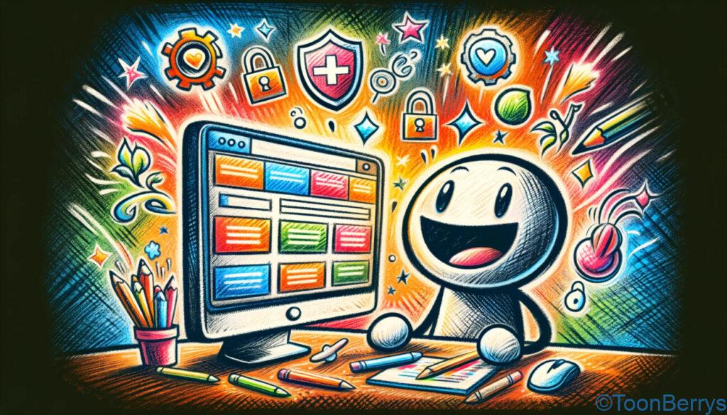 高速&安全!初期費用無料の独自SSL対応レンタルサーバーでワードプレス「ロリポップ」を楽しもう 24 ホームページ作成中の安心感とワクワクを表現した棒人間のキャラクターを描いたクレヨン調のイラスト。キャラクターはパソコンの前で笑顔で作業しており、画面にはホームページのカラフルでエンゲージングなデザインプロセスが表示されている。周りには安全を象徴するシンボルと創造的なワクワクを示す星やキラキラがあり、背景は安心で楽しいホームページ作成の雰囲気を反映している。