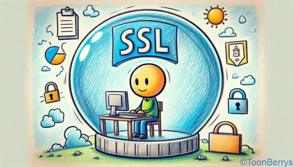 高速&安全!初期費用無料の独自SSL対応レンタルサーバーでワードプレス「ロリポップ」を楽しもう 26 SSLをインターネットの安全性の特別な装置として描いたクレヨン調のイラスト。棒人間のキャラクターが自分の安全な空間内でコンピューターを使用し、SSLとラベル付けされた保護バブルまたはシールドに囲まれている。キャラクターはインターネット上で情報を安全に送信しており、周りにはオンラインデータ保護のための鍵や証明書などのシンボルが描かれている。背景は静かで安心感を与えるもので、SSLの使用による安全性と平和な心の状態を表現している。