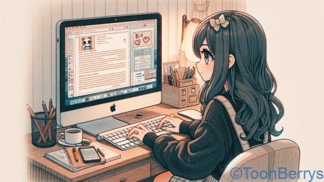 アップルのiMacを使用してブログを作成する女性を描いたアニメスタイルのイラスト。女性はiMacの前に座っており、画面にはブログ編集のためのインターフェイスが映し出されている。彼女は仕事に没頭しており、キーボードを打っている。アニメ調のデザインには、大きな表情豊かな目とおしゃれな服装が特徴で、創造性と現代的な雰囲気を表している。デスクスペースには個人的なアイテムが配置されており、背景はシンプルで、ブログ作成のプロセスに焦点を当てている。