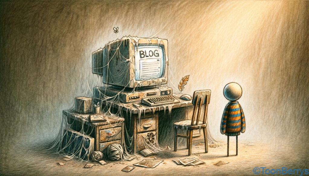 ブログの未来は輝き続ける - エックスサーバーでスタートしよう! 9 過去のブログの栄光を象徴する古く、埃っぽいブログセットアップの隣に立つ棒人間のキャラクターを描いたクレヨン調のイラスト。ブログセットアップには古いコンピューター、クモの巣がかかった椅子、画面に放置されたブログページが含まれており、ブログ時代の衰退を表している。キャラクターはセットアップを懐かしむような表情で見ており、ブログの過ぎ去った日々を反映している。雰囲気は暗く、色は控えめで、過ぎ去った時代の感覚が捉えられている。スタイルは反省的で思慮深く、デジタル世界における変化の感情的な影響を強調している。