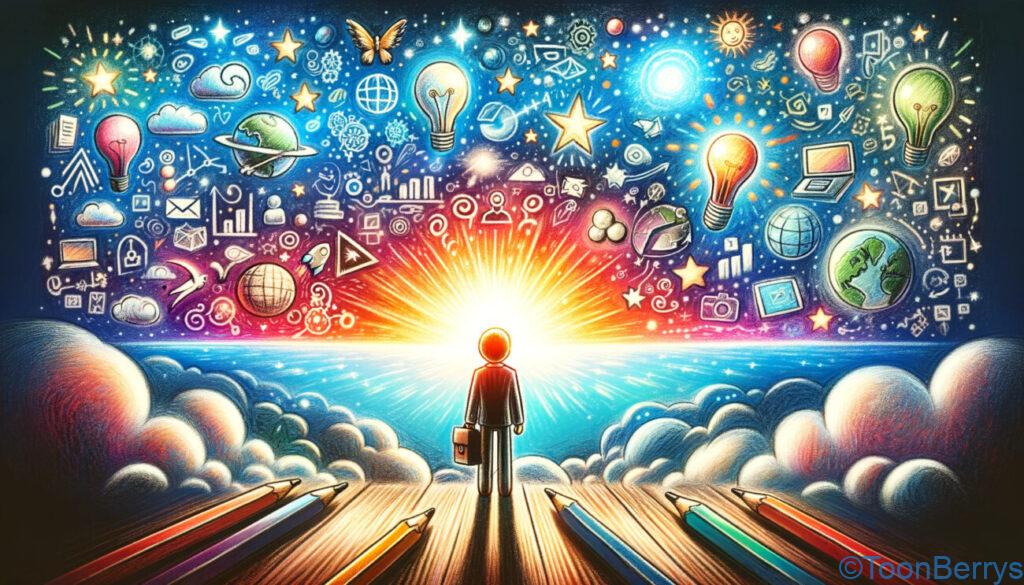 ブログの未来は輝き続ける - エックスサーバーでスタートしよう! 10 ブログの可能性が無限大であることを表すクレヨン調のイラスト。棒人間のキャラクターが明るく広がりのある地平線の前に立ち、新しいアイデアに満ちた未来を見据えている。地平線には創造性と機会を象徴する様々なシンボルが描かれている。キャラクターは新しいアイデアを探求する準備ができており、周囲はブログのエキサイティングで無限大の可能性を反映している。