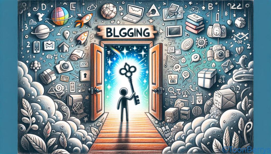 ブログの未来は輝き続ける - エックスサーバーでスタートしよう! 11 ブログの無限の可能性を広げることを促すクレヨン調のイラストを2枚生成しました。キャラクターは魔法の鍵を持ち、ブログの可能性に満ちた世界へと続く開かれた扉の前に立っています。このイラストは、ブログの無限の可能性を探求し、広げる準備ができている様子を表現しています。