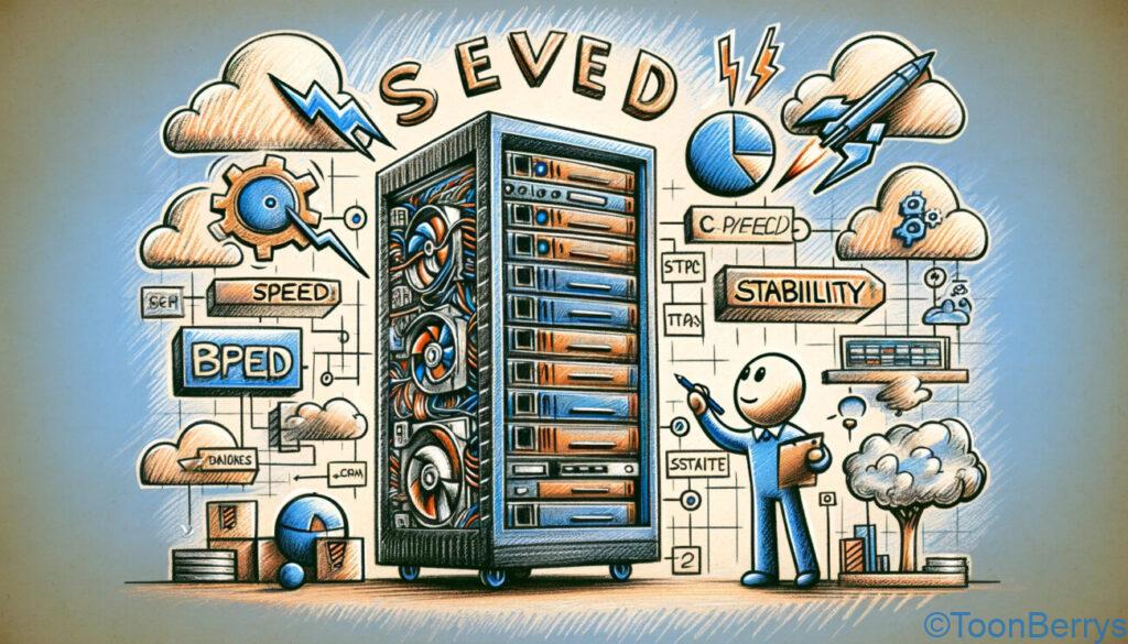 ブログの未来は輝き続ける - エックスサーバーでスタートしよう! 15 サーバーの速さと安定性の重要性を表現したクレヨン調のイラストを2枚生成しました。これらのイラストは、強力で技術的に進んだサーバーを操作するキャラクターを描いており、「Speed」と「Stability」のラベルが付けられています。サーバーの性能を向上させる特別な技術を象徴しています。