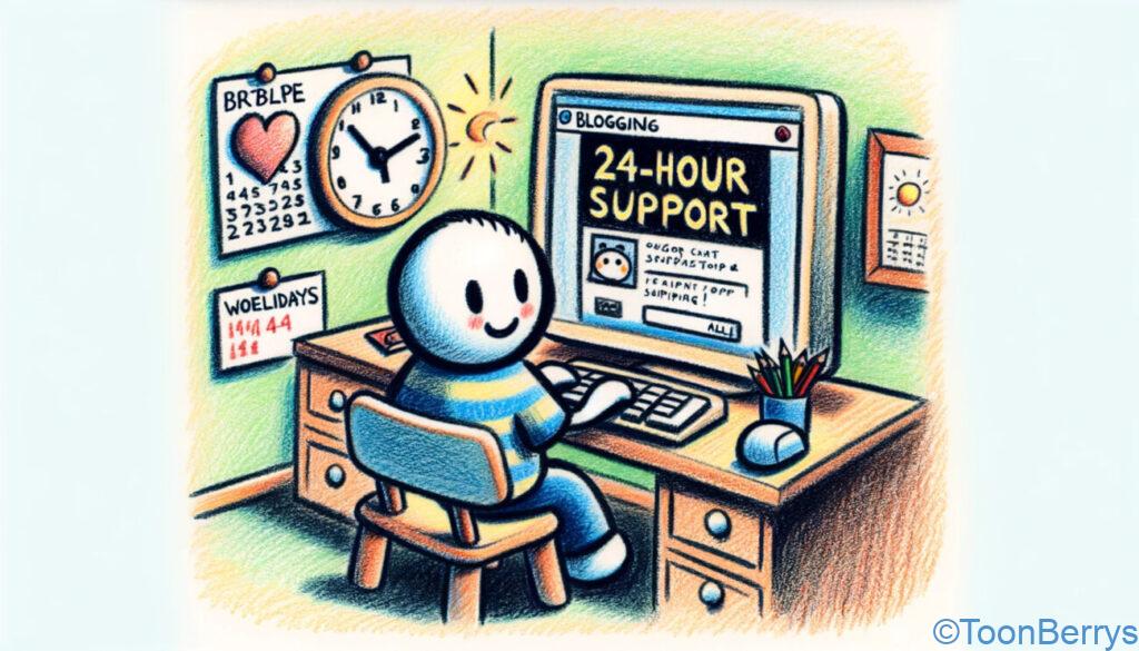 ブログの未来は輝き続ける - エックスサーバーでスタートしよう! 17 ブログを作成している人物が24時間サポートの利用可能性に安心している様子を描いたクレヨン調のイラスト。キャラクターはコンピュータでブログを作業しており、画面に表示されたサポートチャットウィンドウやホットライン番号に安堵し、慰められている。背景には遅い時間を示す時計や休日を示すカレンダーが含まれ、サポートの絶え間ない利用可能性を強調している。キャラクターの表情とボディランゲージは、いつでも、昼夜問わず、週末や休日でも助けが利用できることを知って、安心感と感謝を伝えている。