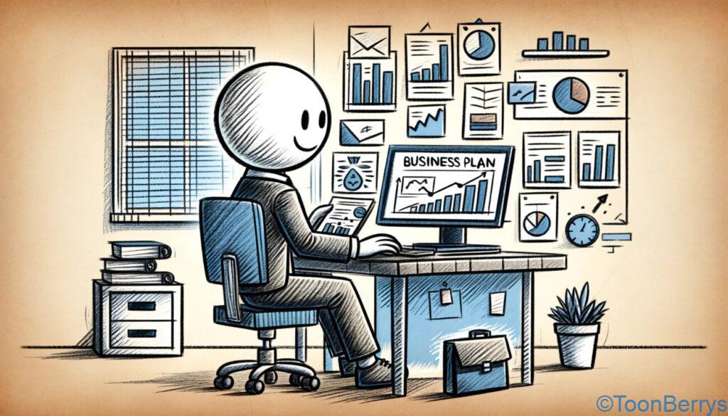 ブログの未来は輝き続ける - エックスサーバーでスタートしよう! 18 ビジネスプランを活用してビジネスを運営する棒人間のキャラクターを描いたクレヨン調のイラスト。キャラクターはデスクに座り、コンピューターでビジネス関連の作業に集中している。画面にはビジネスの効率化と組織化を支援するグラフやチャートが表示されている。キャラクターの周りにはビジネスの計画と戦略を示すアイテムが配置されており、背景はプロフェッショナルな作業環境を反映している。