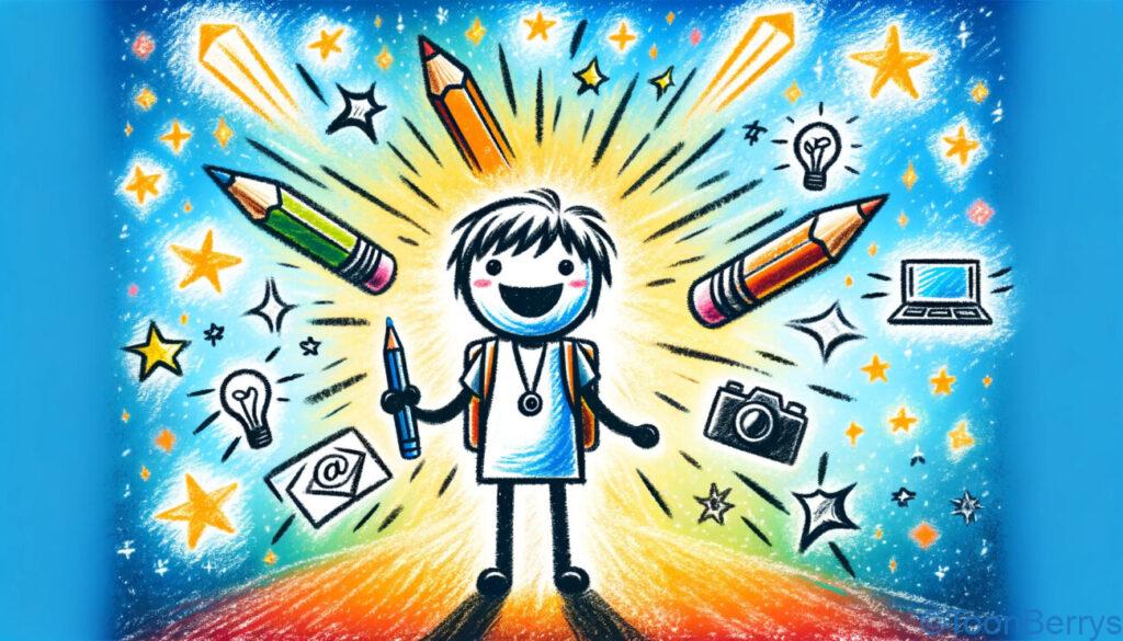 ブログの未来は輝き続ける - エックスサーバーでスタートしよう! 19 ブログの未来がまだ輝いていることを象徴する棒人間のキャラクターを描いたクレヨン調のイラスト。キャラクターは、ブログの世界の成長とイノベーションを象徴するシンボルに囲まれ、明るく楽しい表情をしている。キャラクターの上部にはブログの明るい未来を象徴する光や星が描かれている。キャラクターはブログの新しい技術やアイデアを抱え、ラップトップを持っている。背景はエネルギッシュで、ブログの世界の希望とダイナミズムを表現している。