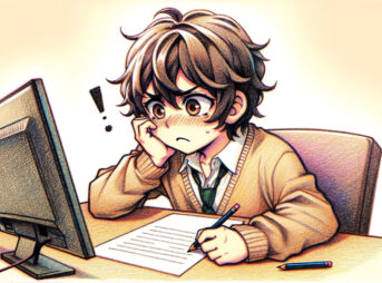 コンピュータの前に座り、ブログの執筆に苦戦しているアニメ風の若い男の子のキャラクターを描いたクレヨン調のイラスト。彼は集中しているが少し困惑している表情をしており、ペンシルを噛んでいるか、机の上で指をたたいている様子が描かれている。これは、ブログ記事の適切な言葉やアイデアを見つける一般的な課題を表している。コンピュータ画面には開かれているが部分的に書かれたブログ記事が表示されており、執筆のジレンマを感じさせる。