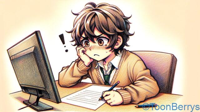 コンピュータの前に座り、ブログの執筆に苦戦しているアニメ風の若い男の子のキャラクターを描いたクレヨン調のイラスト。彼は集中しているが少し困惑している表情をしており、ペンシルを噛んでいるか、机の上で指をたたいている様子が描かれている。これは、ブログ記事の適切な言葉やアイデアを見つける一般的な課題を表している。コンピュータ画面には開かれているが部分的に書かれたブログ記事が表示されており、執筆のジレンマを感じさせる。
