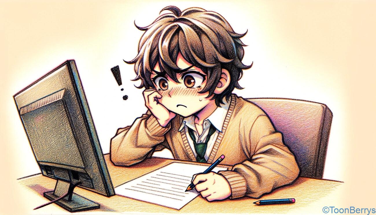 ブログの未来は輝き続ける - エックスサーバーでスタートしよう! 1 コンピュータの前に座り、ブログの執筆に苦戦しているアニメ風の若い男の子のキャラクターを描いたクレヨン調のイラスト。彼は集中しているが少し困惑している表情をしており、ペンシルを噛んでいるか、机の上で指をたたいている様子が描かれている。これは、ブログ記事の適切な言葉やアイデアを見つける一般的な課題を表している。コンピュータ画面には開かれているが部分的に書かれたブログ記事が表示されており、執筆のジレンマを感じさせる。