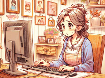パソコン操作に不慣れそうな中年の主婦をアニメスタイルで描いています。彼女はコンピューターの前に座り、戸惑いながらも興味を持って操作しようとしています。背景には居心地の良い家庭のオフィスが描かれ、家族の写真や装飾品が暖かく快適な雰囲気を加えています。このシーンは、新しい技術関連の挑戦を始める人の魅力と共感を捉えています。