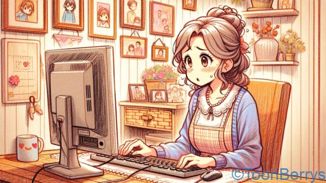 パソコン操作に不慣れそうな中年の主婦をアニメスタイルで描いています。彼女はコンピューターの前に座り、戸惑いながらも興味を持って操作しようとしています。背景には居心地の良い家庭のオフィスが描かれ、家族の写真や装飾品が暖かく快適な雰囲気を加えています。このシーンは、新しい技術関連の挑戦を始める人の魅力と共感を捉えています。