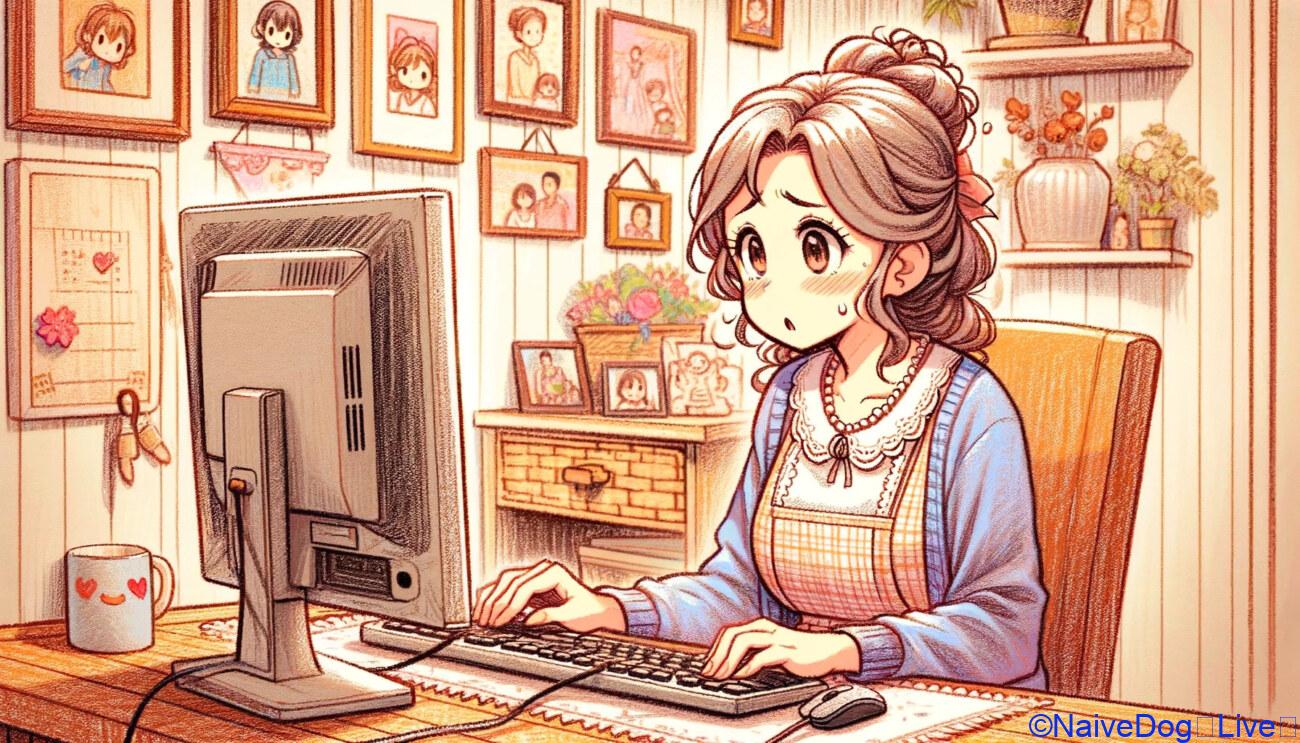 パソコン操作に不慣れそうな中年の主婦をアニメスタイルで描いています。彼女はコンピューターの前に座り、戸惑いながらも興味を持って操作しようとしています。背景には居心地の良い家庭のオフィスが描かれ、家族の写真や装飾品が暖かく快適な雰囲気を加えています。このシーンは、新しい技術関連の挑戦を始める人の魅力と共感を捉えています。