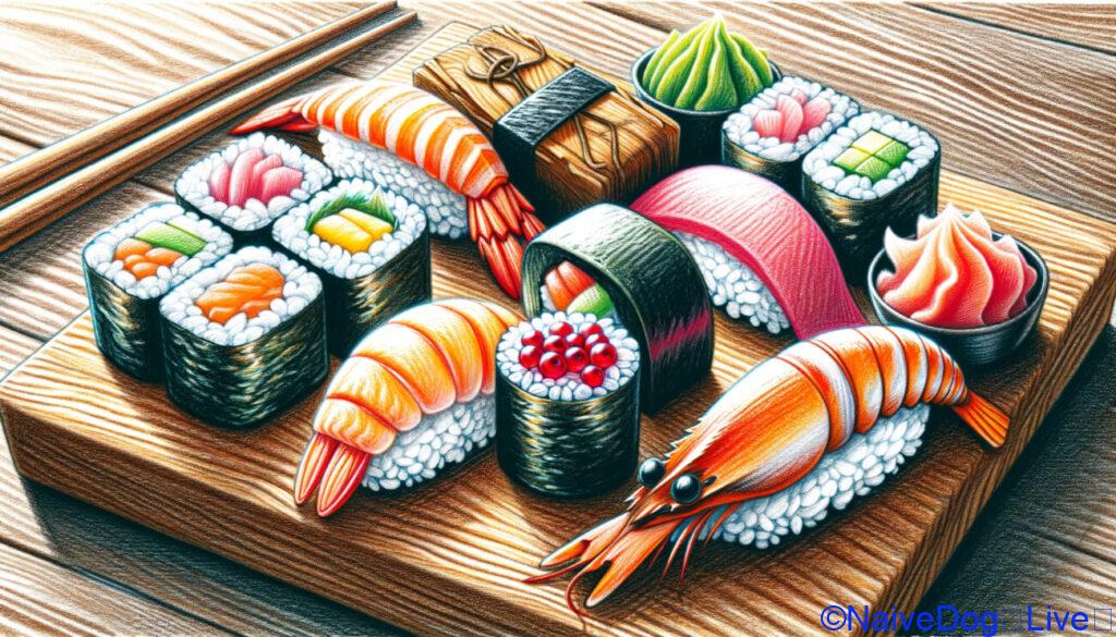 A crayon-style illustration showcasing a selection of Japanese sushi on a rustic wood-grain textured board. The sushi types include maguro (tuna), ika (squid), ebi (shrimp), gunkanmaki (nori-wrapped sushi), tamagomaki (egg roll), and ikuramaki (salmon roe roll). Each sushi piece is detailed with vibrant colors and textures, emphasizing its unique characteristics. The playful and artistic crayon strokes highlight the freshness and appeal of the sushi, while the wooden board's texture adds a homely and authentic feel to the scene.