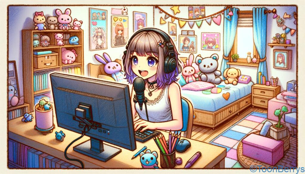 意識してみるゲームさんぽと弁護士によるゲーム実況のガイドラインを学ぼう【3】 9 今風のアニメ調の女の子がモニターで実況している様子を描いたクレヨン調のイラストです。彼女の部屋はくまさんやうさぎさんなどの可愛らしい人形で飾られており、快適で活気に満ちた雰囲気が伝わります。