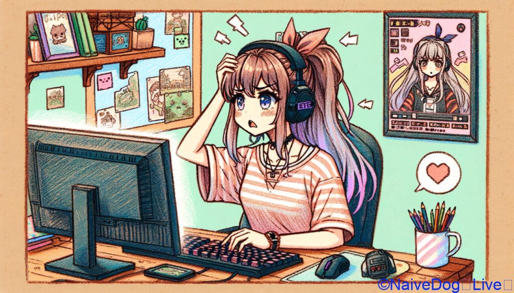 ゲーム配信のガイドラインに頭を悩ませている現代的なアニメスタイルの女の子が描かれているクレヨン調のイラスト。彼女はコンピューターの前に座り、困惑と心配のジェスチャーとして額に手を当てている。部屋は前のイラストと同様に可愛らしくカラフルで、ゲーミングヘッドセット、キーボード、一時停止されたゲームが表示されているモニターなど、彼女のゲーム環境を示す要素が含まれている。彼女の表情は、配信ガイドラインに対する彼女のイライラと心配を明確に伝えている。背景にはゲームのポスターや様々なゲーム関連の小物があり、遊び心がありながらもやや混沌とした雰囲気を保っている。