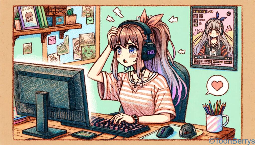意識してみるゲームさんぽと弁護士によるゲーム実況のガイドラインを学ぼう【3】 10 ゲーム配信のガイドラインに頭を悩ませている現代的なアニメスタイルの女の子が描かれているクレヨン調のイラスト。彼女はコンピューターの前に座り、困惑と心配のジェスチャーとして額に手を当てている。部屋は前のイラストと同様に可愛らしくカラフルで、ゲーミングヘッドセット、キーボード、一時停止されたゲームが表示されているモニターなど、彼女のゲーム環境を示す要素が含まれている。彼女の表情は、配信ガイドラインに対する彼女のイライラと心配を明確に伝えている。背景にはゲームのポスターや様々なゲーム関連の小物があり、遊び心がありながらもやや混沌とした雰囲気を保っている。