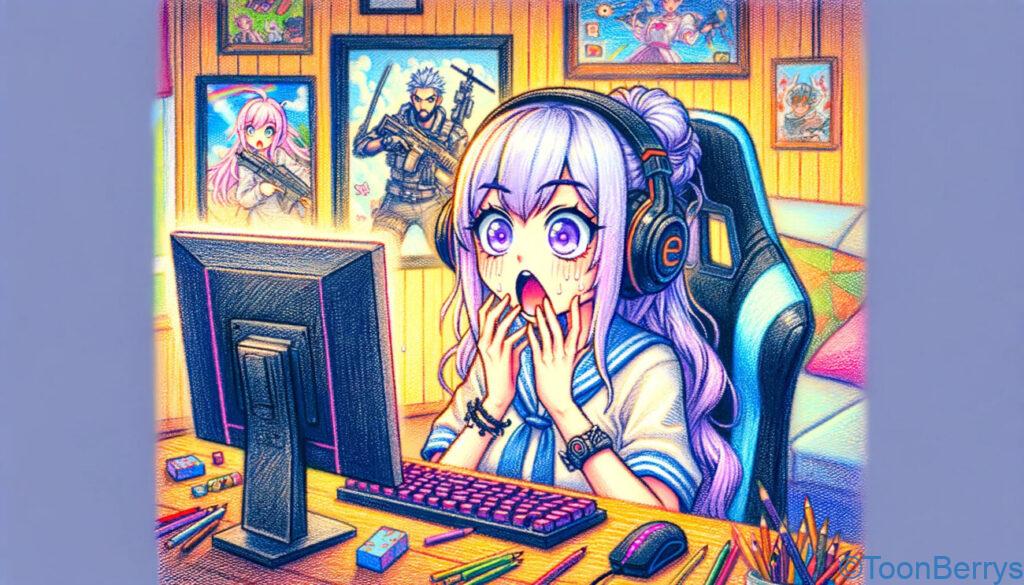意識してみるゲームさんぽと弁護士によるゲーム実況のガイドラインを学ぼう【3】 11 ゲーム実況者がガイドラインを見て驚いて青ざめ、口を手で覆っている様子を描いたクレヨン調のイラストです。彼女はコンピューターの前に座り、その衝撃的なニュースに対する驚愕の表情を浮かべています。部屋はカラフルでキュートな雰囲気を保ちつつ、彼女のドラマティックなリアクションが中心となっており、身振り手振りがその驚きを強調しています