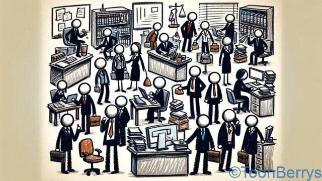 法律事務所で働く人々を描いたクレヨン調の棒人間スタイルのイラストです。サラリーマン風のビジネス服を着たキャラクターたちが、机、コンピューター、法律書籍、文書などが散らばる典型的な法律事務所の環境で働いています。一部のキャラクターはデスクで忙しく作業している様子、他のグループでは話し合いが行われており、電話をしている人物もいます