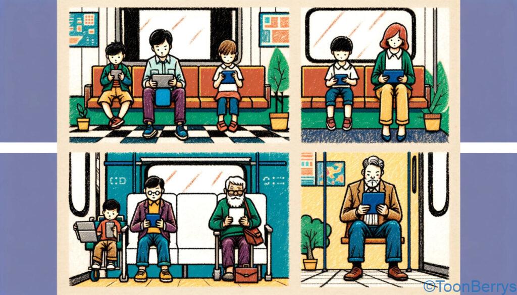 意識してみるゲームさんぽと弁護士によるゲーム実況のガイドラインを学ぼう【3】 13 ソファに寝そべりタブレットで動画を見ている若者。
電車内でスマートフォンに夢中なビジネスパーソン。
床に座り込んでスマホで動画を見ている子供。
椅子に座ってタブレットを持つ高齢者。
