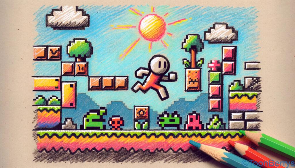 意識してみるゲームさんぽと弁護士によるゲーム実況のガイドラインを学ぼう【3】 14 こちらが、クラシックなファミコン風のアクションゲームにインスパイアされたシーンを一人の棒人間キャラクターで描いたクレヨン調のイラストです。ピクセルアートの要素が加わっており、キャラクターはピクセル化された障害物を飛び越えたり、ピクセル化された敵と戦ったりするアクションゲームの活動に従事しています。カラフルなサイドスクロールゲーム環境はレトロな8ビットゲームを思い起こさせ、ピクセル化されたプラットフォーム、敵、木や山などの背景風景が含まれています。クレヨンで描かれた棒人間とピクセルアートの詳細の組み合わせが、初期のビデオゲームの精神を呼び起こす、ノスタルジックで楽しい雰囲気を作り出しています。