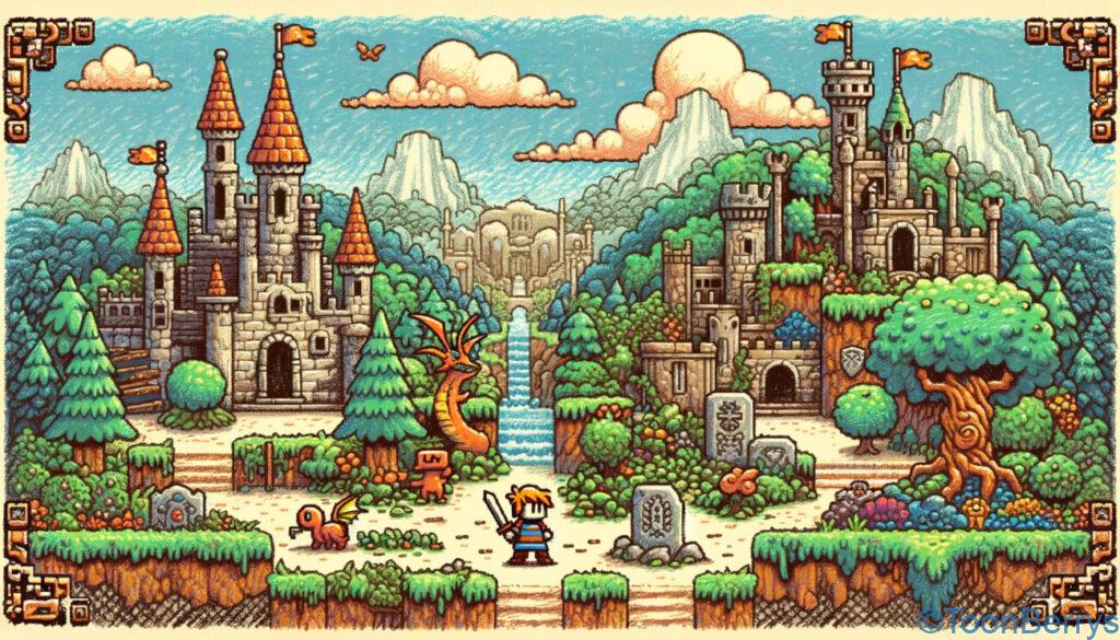 意識してみるゲームさんぽと弁護士によるゲーム実況のガイドラインを学ぼう【3】 15 西洋のファンタジーRPGを連想させる幻想的な世界を描いたクレヨン調のイラストです。ファミコン風のピクセルアートの要素が加えられており、中世のファンタジー設定で、城、ドラゴン、神秘的な森が描かれています。キャラクターは騎士、魔法使い、または冒険者として描かれ、探検したり、神秘的な生き物と戦ったり、魔法のアーティファクトを発見したりする活動に従事しています。背景は豊かで詳細に描かれており、高い城、密集した森、遠くの山などがカラフルなピクセルアートスタイルで表現