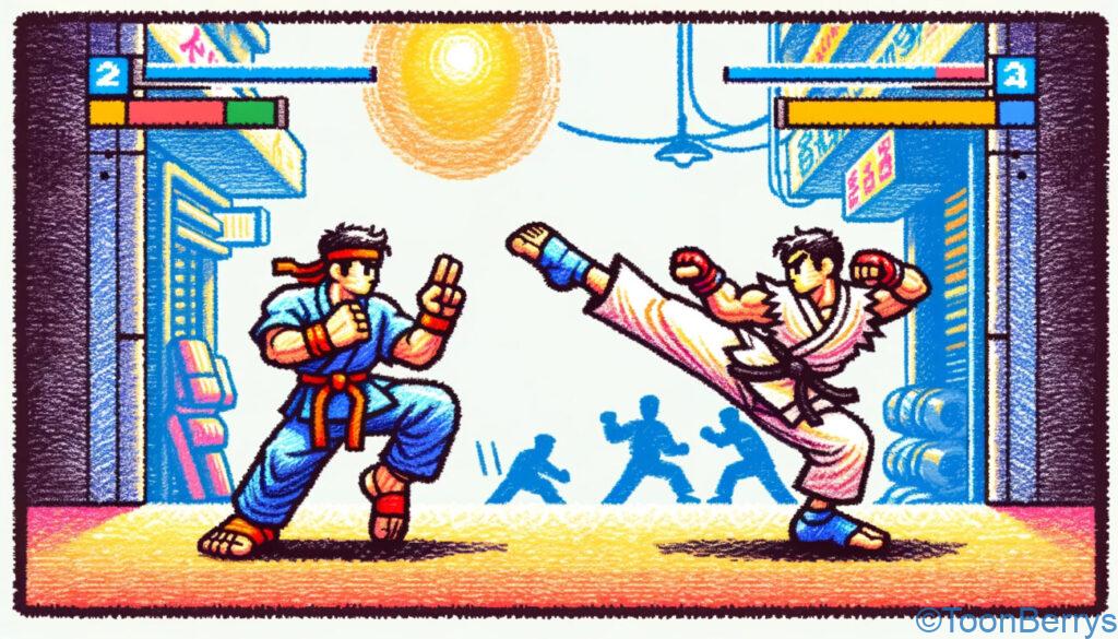 スーパーファミコン風のピクセルアートで表現された、二人の格闘家が戦っているシーンを描いたクレヨン調のイラストです。それぞれのキャラクターは独特の武道のポーズで描かれており、一方がハイキックを繰り出し、もう一方がそれをブロックまたはカウンターしているようなダイナミックなアクションが捉えられています。背景はクラシックな格闘ゲームのアリーナ風に描かれており、都市の通りや伝統的な道場などがカラフルなピクセルアートで表現されています