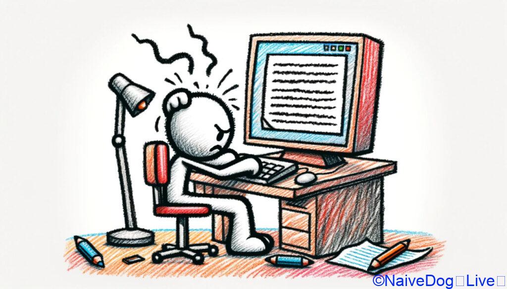 パソコンでのライティングに苦労している人を表現しています。キャラクターはコンピューターの前に座っており、挫折感と集中力のある表情をしています。コンピューターの画面にはほとんど文字がなく、ライティングに難しさを感じていることを示しています