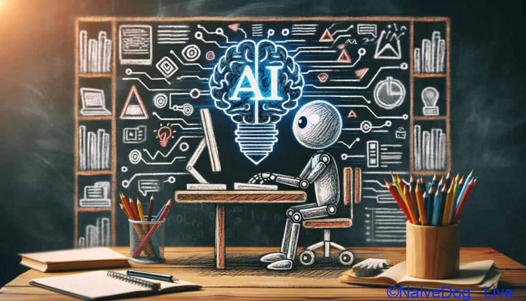 AIライティングの可能性を描いています。シーンはデスクに座っているキャラクターが、AIインターフェースを表示するコンピューター画面を見ている様子を示しています。AIはデジタルな脳または人工知能の抽象的なシンボルによって表現され、ドキュメント上で作業している様子が描かれています