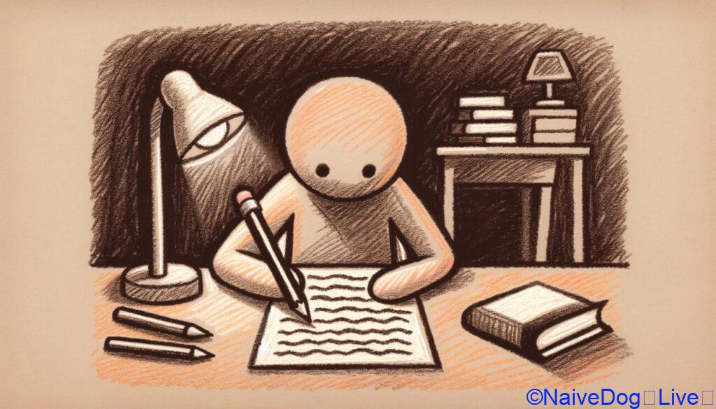 作文を書いている人を描いています。キャラクターはデスクに座り、手に鉛筆を持って紙に深く集中しています。紙にはきれいに書かれた行があり、作文の進行を示しています。キャラクターの表情は集中力と思慮深さを表し、ライティングタスクに没頭していることを示しています。周囲には照明用のランプ、参考のための数冊の本、静かで勉強に適した環境が含まれています
