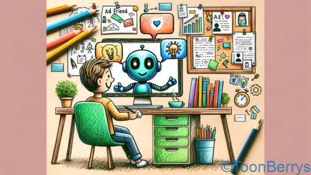 AIと友達になり、一緒にライティングする様子を描いています。シーンはデスクに座っているキャラクターを示しており、コンピューターの画面には協力的なパートナーを象徴するフレンドリーなAIキャラクターが表示されています。AIキャラクターと人間はアイデアを交換している様子が、テキストと創造的なシンボルが描かれた吹き出しによって表現されています。人間のキャラクターは幸せで没頭しており、AIとの調和的で生産的なパートナーシップを描いています