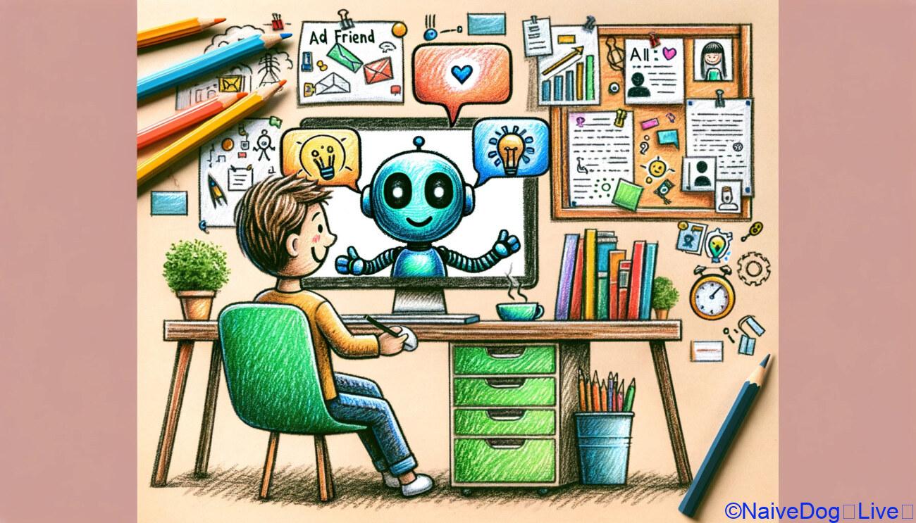 AIと友達になり、一緒にライティングする様子を描いています。シーンはデスクに座っているキャラクターを示しており、コンピューターの画面には協力的なパートナーを象徴するフレンドリーなAIキャラクターが表示されています。AIキャラクターと人間はアイデアを交換している様子が、テキストと創造的なシンボルが描かれた吹き出しによって表現されています。人間のキャラクターは幸せで没頭しており、AIとの調和的で生産的なパートナーシップを描いています