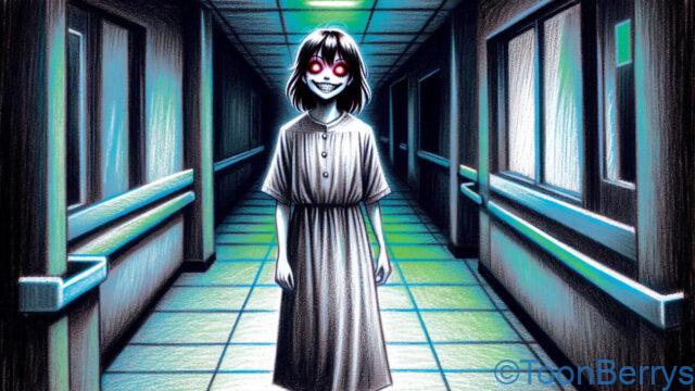 夜の暗い病院の廊下を、フラフラと少し斜めに歩いている若い女性の全身イラスト。彼女の目は虚ろで赤く光り、不気味な笑みを浮かべています。クレヨン調のアニメ風で描かれており、その表情と周囲の暗い雰囲気がホラー感を強調しています。