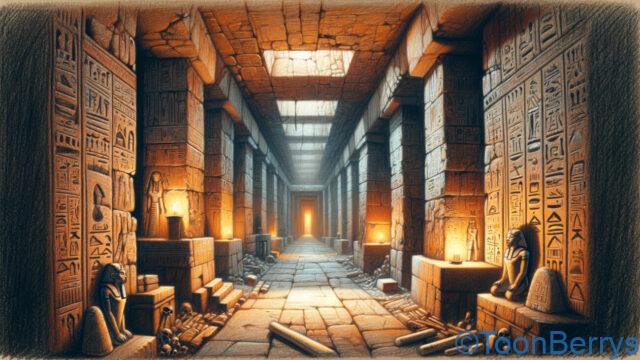 ローグライクホラーインディーゲーム「Unknown Pyramid」を調査せよ 20 ピラミッドの地下迷宮を描いたリアル調のクレヨンスタイルのイラストです。シーンは神秘的で古代の雰囲気を伝え、狭い通路、ヒエログリフで覆われた壁、薄暗く照らされた通路が特徴です。隠された罠、古代の神々の像、宝箱が散りばめられています。迷宮は不気味でありながらも魅力的で、長い間失われた秘密と隠された謎の感覚を持っています