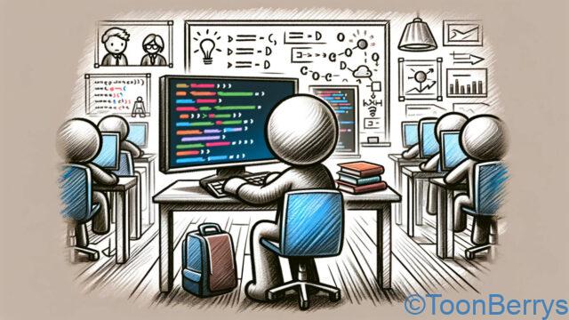 プログラミングスクールに通って学んでいる人を描いています。キャラクターはデスクに座り、コーディングに集中しているコンピューターの前にいます。画面にはコードの行が表示されており、学習過程を示しています。キャラクターは没頭し、集中しており、周囲にはプログラミングの勉強を強調する本やメモがあるかもしれません。設定は教室の環境で、他の生徒たちもそれぞれのコンピューターで作業しており、集団学習の雰囲気を作り出しています。背景にはプログラミングのコンセプトが書かれたホワイトボードなどの要素が含まれており、教育的な設定を強化しています