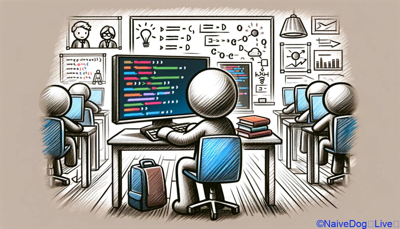 プログラミングスクールに通って学んでいる人を描いています。キャラクターはデスクに座り、コーディングに集中しているコンピューターの前にいます。画面にはコードの行が表示されており、学習過程を示しています。キャラクターは没頭し、集中しており、周囲にはプログラミングの勉強を強調する本やメモがあるかもしれません。設定は教室の環境で、他の生徒たちもそれぞれのコンピューターで作業しており、集団学習の雰囲気を作り出しています。背景にはプログラミングのコンセプトが書かれたホワイトボードなどの要素が含まれており、教育的な設定を強化しています