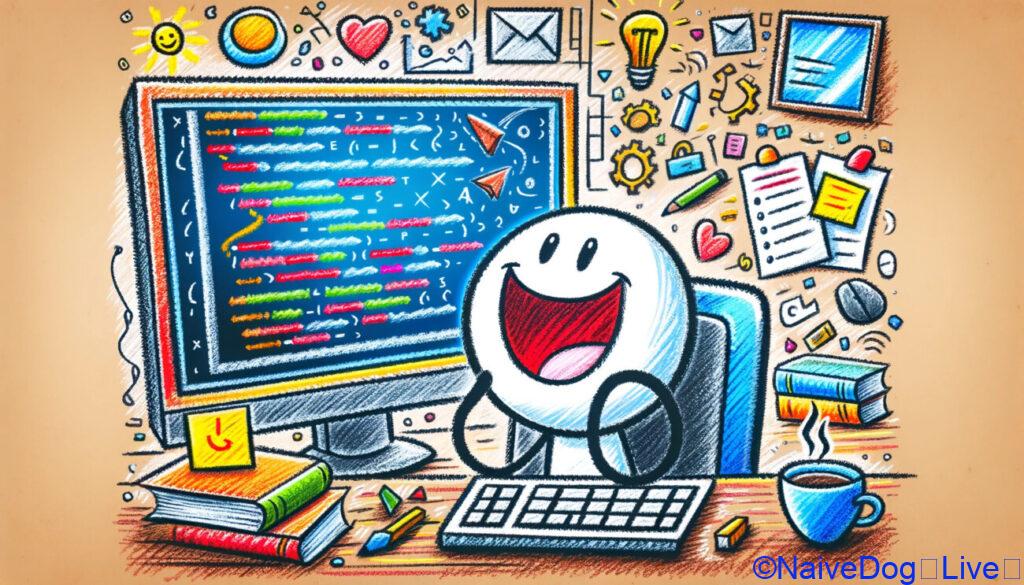 それぞれが、プログラミングを学び、成果を出している人がパソコンで楽しく作業している様子を描いています。キャラクターはコンピューターの前に座り、大きな笑顔で自信を持ってタイピングしています。画面には複雑だが整理されたコード構造が表示されており、その人のプログラミングの習得を象徴しています。キャラクターの周囲の環境は活気に満ち、本、メモ、コーヒーカップなどの要素があり、生産的で楽しいコーディングセッションを示しています。シーンは、新しく習得したプログラミングスキルを適用する際の達成感と喜びを捉えています。