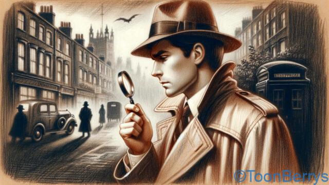 こちらが、イギリスの古い小説の表紙風味の名探偵の男性を描いたリアル調のクレヨンスタイルのイラストです。探偵はビンテージの設定で描かれており、トレンチコートとフェドラハットを身に着け、拡大鏡を持っています。シーンには、霧のかかった通り、背景の影のある人物、古風なロンドンの背景など、ミステリー小説に典型的な要素が含まれています。全体的な雰囲気は陰謀とサスペンスに満ちており、過去の時代に設定された探偵物語の本質を捉えています