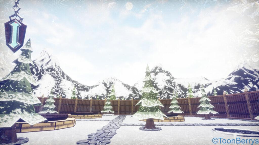 サウナで汗をかけ!最高のととのうが体験できるかも?「Soak & Splash」 10 こちらのイラストは、雪に覆われた冬の風景をピクセルアートスタイルで描いています。中央には石でできた小道があり、その両脇には雪をかぶった木々が並んでいます。背景には雪山がそびえ立ち、空は曇っているものの、穏やかな雪が舞い落ちています。画像の左上には、青色の紋章が掲げられており、静かながらも冒険が待ち受けているような雰囲気を演出しています。