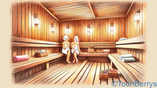 サウナ内でリラックスしている2人の女性を描いたクレヨンスタイルのイラスト