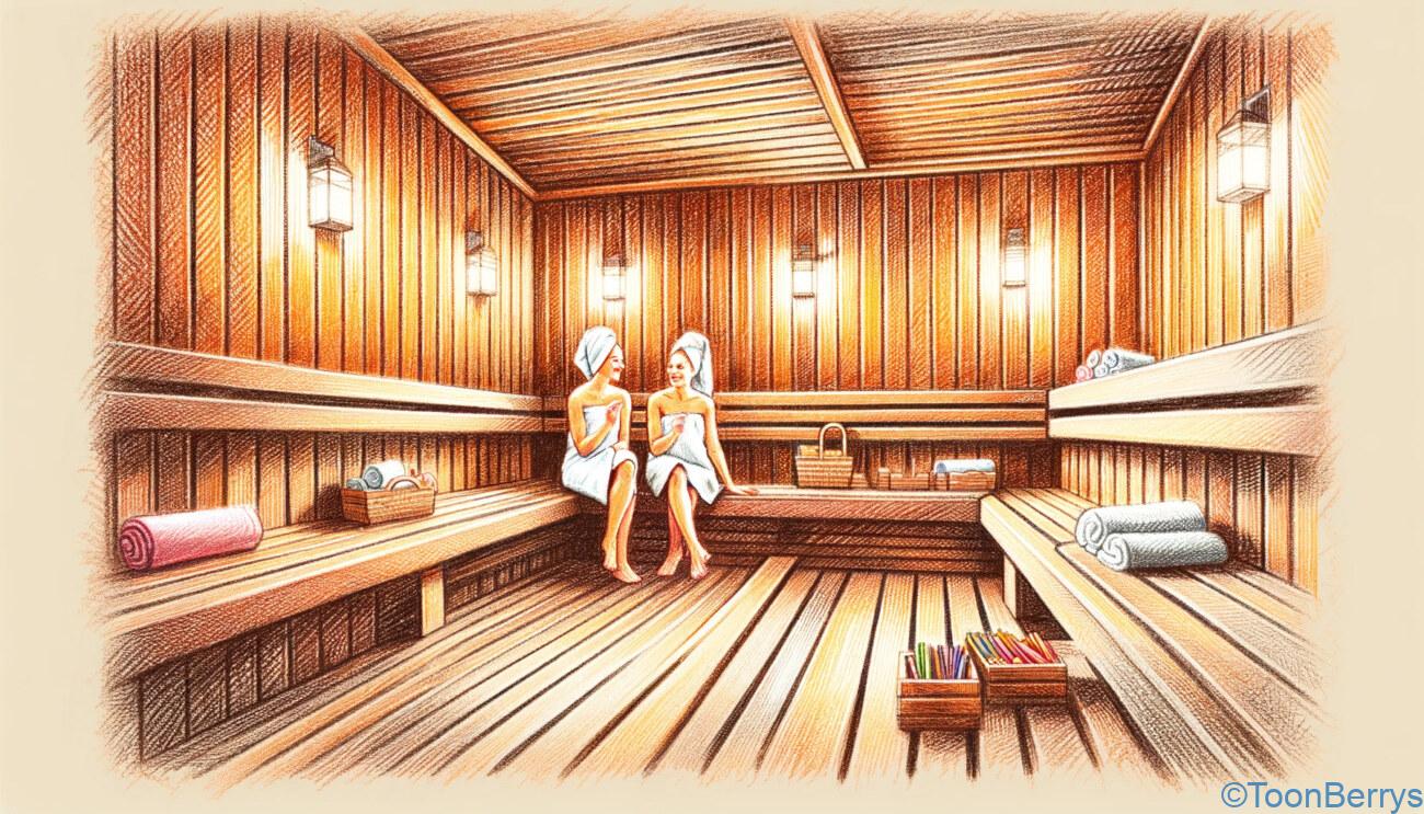 サウナで汗をかけ!最高のととのうが体験できるかも?「Soak & Splash」 1 サウナ内でリラックスしている2人の女性を描いたクレヨンスタイルのイラスト