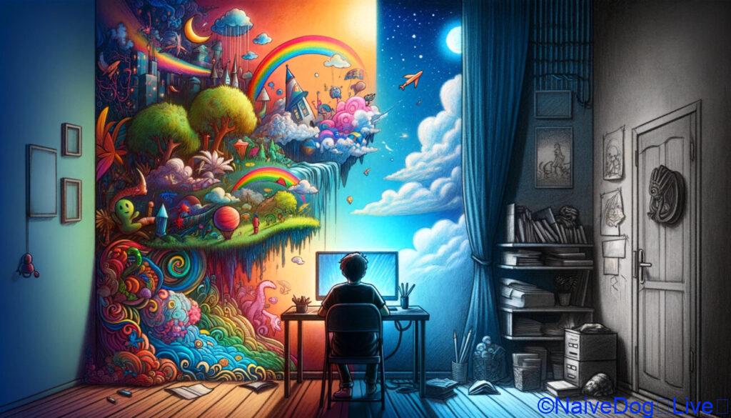 色鉛筆のラフなスタイルで、二つのコマに分けられています。左側には鮮やかな色使いで夢の世界が描かれ、右側には引きこもりの少年がいる部屋の様子が表現されています。