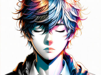 現代の日本アニメスタイルで描かれた10代の少年の顔のアップで、少年は目を閉じて少し上を向いています。彼の髪は風に煽られており、顔の片側はカラフルでリアルな世界を表し、もう片側は白黒で夢の世界を象徴しています。