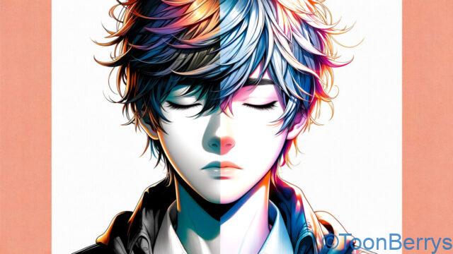 現代の日本アニメスタイルで描かれた10代の少年の顔のアップで、少年は目を閉じて少し上を向いています。彼の髪は風に煽られており、顔の片側はカラフルでリアルな世界を表し、もう片側は白黒で夢の世界を象徴しています。
