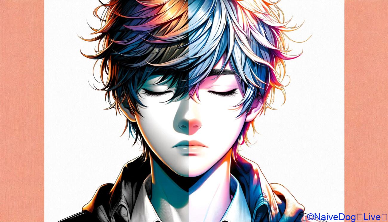 現代の日本アニメスタイルで描かれた10代の少年の顔のアップで、少年は目を閉じて少し上を向いています。彼の髪は風に煽られており、顔の片側はカラフルでリアルな世界を表し、もう片側は白黒で夢の世界を象徴しています。