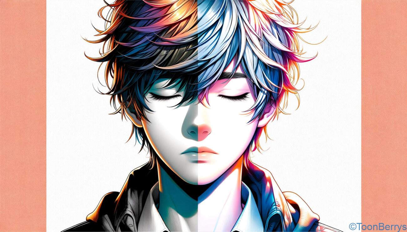 再び、Omoriの世界へ、なぜかスイカ割りに夢中【5】 1 現代の日本アニメスタイルで描かれた10代の少年の顔のアップで、少年は目を閉じて少し上を向いています。彼の髪は風に煽られており、顔の片側はカラフルでリアルな世界を表し、もう片側は白黒で夢の世界を象徴しています。