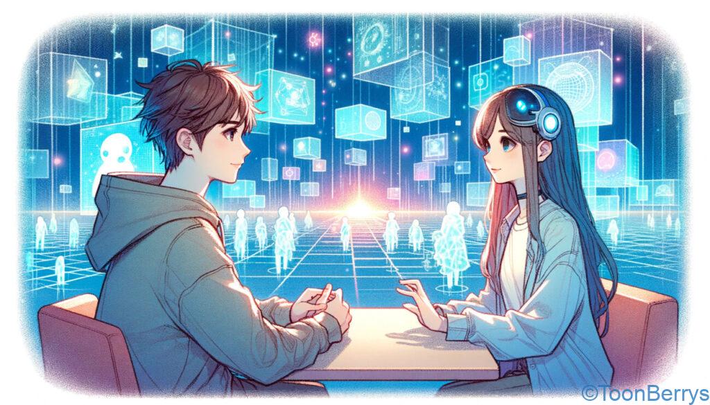 メタ✖️美少女、夢のような世界なのに不穏な空気が? 4 16:9アスペクト比で描かれたアニメ調のイラスト。メタバースを思わせる鮮やかな仮想空間で、男性と女性のアバターが対話しているシーン。デジタルな背景とクレヨン風の表現が印象的。