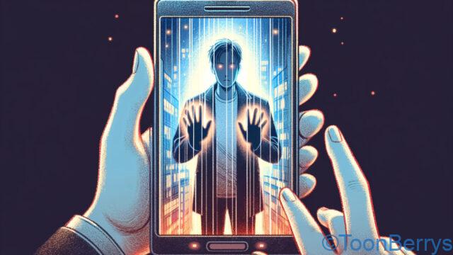 16:9のアスペクト比で描かれた、スマホに閉じ込められた男性のイラスト。男性はシルエットで表現され、顔は識別できない。全体的にホラーな雰囲気があり、クレヨン風の柔らかなタッチが不気味さを際立たせている。