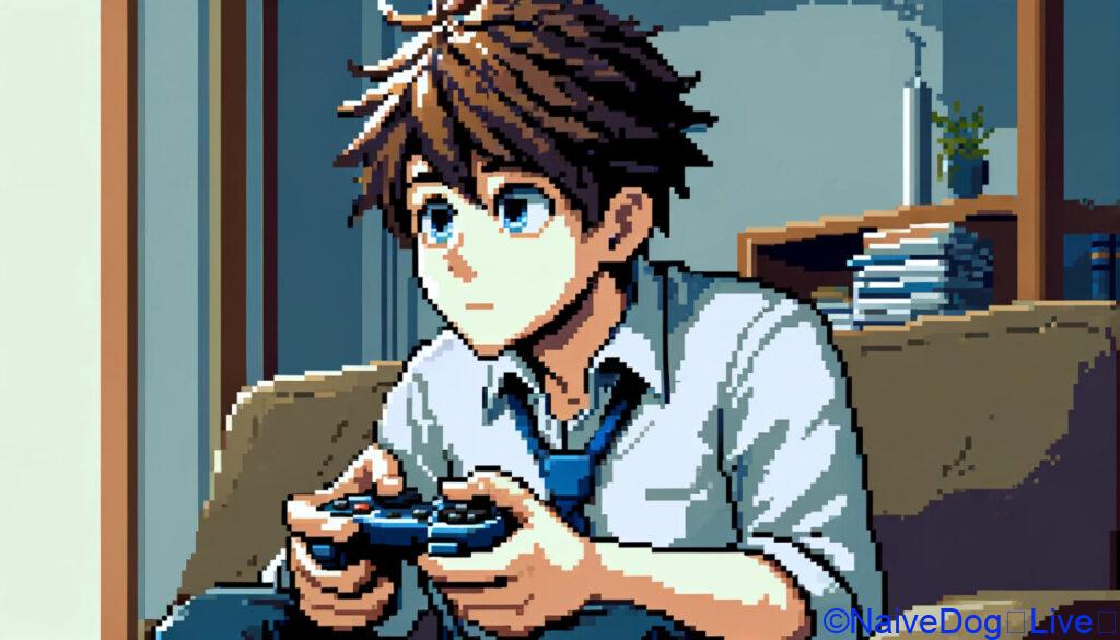 ビデオゲームをプレイしている人を描いたピクセルアート。キャラクターは首をわずかに傾けて不思議そうな表情をしており、手にはコントローラーを持ってゲームに集中しています。